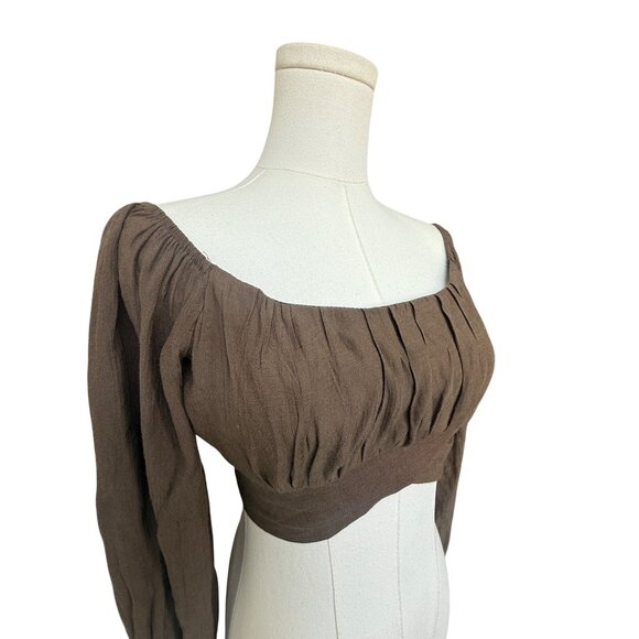 Boutique Boho Puff Long Sleeve Tie Wrap Crop Top Sz S Mocha Mousse Indie Sleaze - Picture 2 of 6